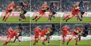 4 December 2010; A composite photo showing Paul O'Connell, Munster, as he is tackled by Ma'ama Molitika, Cardiff Blues. Celtic League, Munster v Cardiff Blues, Thomond Park, Limerick. Picture credit: Brendan Moran / SPORTSFILE