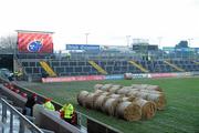 4 December 2010; Bales of hay, which were used to protect the pitch from the recent cold weather, before the game. Celtic League, Munster v Cardiff Blues, Thomond Park, Limerick. Picture credit: Brendan Moran / SPORTSFILE