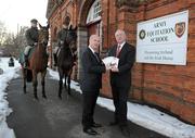 6 December 2010; Chairman of Horse Sport Ireland, Joe Walsh, right, with Pat Carey, T.D., Minister for Community, Equality & Gaeltacht Affairs, and Army riders Capt Geoff Curran aboard The Jump Jet, left, and Capt Brian Curran Cournane, aboard Dunran Castle, at the announcement of Grant Aid Available to Horse Sport Industry in Ireland. Army Equitation School, McKee Barracks, Blackhorse Avenue, Dublin. Picture credit: Brendan Moran / SPORTSFILE