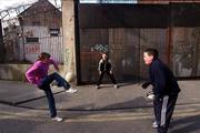 20 April 2001; Kids playing football against Evans' Gate in Little Strand Street in Dublin, where David O'Leary started playing soccer as a young boy. Photo by David Maher/Sportsfile