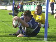 8 September 2001; Malcolm O'Kelly of Leinster goes over for a try despite the tackle of Gareth Jones of Bridgend during the Celtic League match between Bridgend and Leinster at the Brewery Field at Bridgend, Wales. Photo by Matt Browne/Sportsfile