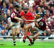 9 September 2001; Setanta Ó hAilpín of Cork in action against Tony Og Regan, left, and Cathal Dervan of Galway during the All-Ireland Minor Hurling Championship Final between Cork and Galway at Croke Park in Dublin. Photo by Damien Eagers/Sportsfile