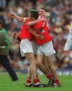 9 September 2001; Cork players Kevin Hartnett, left, Jerry O'Mahony, centre, and goalkeeper Martin Coleman celebrate their victory in the All-Ireland Minor Hurling Championship Final between Cork and Galway at Croke Park in Dublin. Photo by Ray McManus/Sportsfile