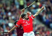 9 September 2001; Jerry O'Mahony of Cork in action against Johnnie Maher of Galway during the All-Ireland Minor Hurling Championship Final between Cork and Galway at Croke Park in Dublin. Photo by Aoife Rice/Sportsfile
