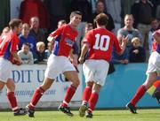 9 September 2001; Davy Byrne, centre, celebrates with Shelbourne team-mate Stephen Geoghegan, 101, after scoring his sides opening goal during the Eircom League Premier Division match between Bray Wanderers and Shelbourne at the Carlisle Grounds in Bray, Wicklow. Photo by David Maher/Sportsfile
