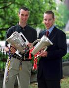 10 September 2001; Tipperary captain Thomas Dunne, left, with the Liam MacCarthy cup, and Cork minor captain Tomas O'Leary with the Irish Press trophy outside the Burlington Hotel following their side's success in the All-Ireland Senior and Minor Hurling Championship Finals. Photo by Brendan Moran/Sportsfile