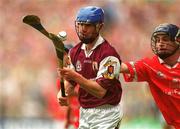 9 September 2001; Ciaran Finnerty of Galway is tackled by Kieran Murphy of Cork during the All-Ireland Minor Hurling Championship Final between Cork and Galway at Croke Park in Dublin. Photo by Damien Eagers/Sportsfile