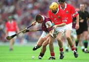 9 September 2001; Kenneth Burke of Galway in action against Shane Murphy of Cork during the All-Ireland Minor Hurling Championship Final between Cork and Galway at Croke Park in Dublin. Photo by Ray McManus/Sportsfile