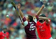 9 September 2001; Kenneth Burke of Galway in action against Cian O'Connor of Cork during the All-Ireland Minor Hurling Championship Final between Cork and Galway at Croke Park in Dublin. Photo by Ray McManus/Sportsfile
