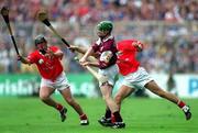 9 September 2001; Andrew Smith of Galway in action against Shane Murphy, left, and Tomas O'Leary of Cork during the All-Ireland Minor Hurling Championship Final between Cork and Galway at Croke Park in Dublin. Photo by Damien Eagers/Sportsfile