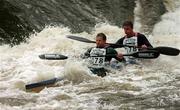 8 September 2001; Nic Oldert and Colin Simpkins, Senior racing kayak doubles, during the Jameson Liffey Descent 2001 at Wren's Nest in Strawberry Beds, Dublin. Photo by Brian Lawless/Sportsfile