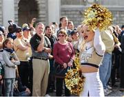 2 September 2016; Ahead of the Aer Lingus College Football Classic tomorrow at the Aviva Stadium, both Boston College and Georgia Tech hosted Pep Rallies in Trinity College Dublin this afternoon. Marching bands, cheerleaders, players and coaches all got involved as the excitement continues to build for tomorrow’s big event. Limited tickets available at the stadium box office tomorrow, see www.collegefootballireland.com. Georgia Tech cheerleader Parker Shaw performs during the Pep Rally at Trinity College in Dublin. Photo by Sam Barnes/Sportsfile