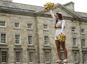 2 September 2016; Ahead of the Aer Lingus College Football Classic tomorrow at the Aviva Stadium, both Boston College and Georgia Tech hosted Pep Rallies in Trinity College Dublin this afternoon. Marching bands, cheerleaders, players and coaches all got involved as the excitement continues to build for tomorrow’s big event. Limited tickets available at the stadium box office tomorrow, see www.collegefootballireland.com. Georgia Tech cheerleader Carla Hinojosa waves to the crowd during the Pep Rally at Trinity College in Dublin. Photo by Sam Barnes/Sportsfile
