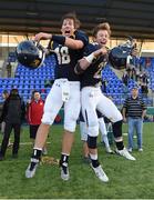2 September 2016; Marist School quarterback Jack Dinges, left, and wide receiver Dean Johnson celebrate their victory over Belen Jesuit. Donnybrook Stadium hosted a triple-header of high school American football games today as part of the Aer Lingus College Football Classic. Six top high school teams took part in the American Football Showcase with all proceeds from the game going to Special Olympics Ireland, the official charity partner to the Aer Lingus College Football Classic. High School American Football Showcase between Marist School of Atlanta, Georgia and Belen Jesuit of Miami, Florida at Donnybrook Stadium in Dublin. Photo by Cody Glenn/Sportsfile