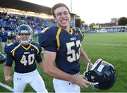 2 September 2016; David Sharkey of Marist School, right, and team-mate William Moyers celebrate victory over Belen Jesuit. Donnybrook Stadium hosted a triple-header of high school American football games today as part of the Aer Lingus College Football Classic. Six top high school teams took part in the American Football Showcase with all proceeds from the game going to Special Olympics Ireland, the official charity partner to the Aer Lingus College Football Classic. High School American Football Showcase between Marist School of Atlanta, Georgia and Belen Jesuit of Miami, Florida at Donnybrook Stadium in Dublin. Photo by Cody Glenn/Sportsfile