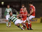 2 September 2016;  Patrick Cregg of Shamrock Rovers in action against Graham Kelly,centre, and Mark Timlin, right, both of St Patricks Athletic during the SSE Airtricity League Premier Division match between Shamrock Rovers and St Patrick's Athletic in Tallaght Stadium in Tallaght, Dublin.  Photo by Sam Barnes/Sportsfile