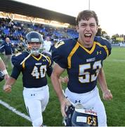 2 September 2016; David Sharkey of Marist School, centre, and team-mates celebrate victory over Belen Jesuit. Donnybrook Stadium hosted a triple-header of high school American football games today as part of the Aer Lingus College Football Classic. Six top high school teams took part in the American Football Showcase with all proceeds from the game going to Special Olympics Ireland, the official charity partner to the Aer Lingus College Football Classic. High School American Football Showcase between Marist School of Atlanta, Georgia and Belen Jesuit of Miami, Florida at Donnybrook Stadium in Dublin. Photo by Cody Glenn/Sportsfile
