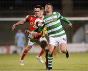 2 September 2016; Dean Clarke of Shamrock Rovers  in action against Michael Barker of St Patricks Athletic  during the SSE Airtricity League Premier Division match between Shamrock Rovers and St Patrick's Athletic in Tallaght Stadium in Tallaght, Dublin. Photo by Sam Barnes/Sportsfile