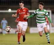 2 September 2016; Dean Clarke of Shamrock Rovers  in action against Michael Barker of St Patricks Athletic  during the SSE Airtricity League Premier Division match between Shamrock Rovers and St Patrick's Athletic in Tallaght Stadium in Tallaght, Dublin.  Photo by Sam Barnes/Sportsfile