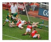 11 July 2010; Ending. One frozen moment that defined the summer in terms of controversy. Louth, two points clear, four minutes into injury time and on the cusp of winning their first Leinster title since 1957, see Joe Sheridan of Meath arrive as if on a luge. He slides over their goal-line before appearing to throw the ball into the net. Louth’s Paddy Keenan, Andy McDonnell and Dessie Finnegan are too late and goalkeeper Neil Gallagher is sidelined. Referee Martin Sludden awards the goal. Chaos  and controversy ensue. Picture credit: David Maher / SPORTSFILE
