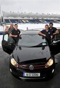 8 December 2010; Pictured at the launch of Volkswagen’s sponsorship announcement of RTÉ’s Magners League coverage is RTE pundit Brent Pope, far left, with Leinster players and Volkswagen ambassadors from left, Johnny Sexton, Shane Jennings and Shane Horgan. The 10th season of the tournament sees the Magners League expanded to four nations as Italy joins Ireland, Scotland and Wales in a 12-team cross-border competition with two new Italian super sides, Benetton Treviso and Aironi Rugby, joining the fray. The sponsorship further enhances Volkswagen’s emerging status in the Irish rugby scene, with the car brand sponsoring several players and also joining forces with Leinster Rugby in 2009 to become the Official Car Partner of the Leinster Team. RDS, Ballsbridge, Dublin. Picture credit: David Maher / SPORTSFILE