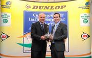 7 December 2010; Young Racing Driver of the Year Patrick McKenna, right, is presented with the Dunlop Sexton Trophy by Richard Warbrick, of Dunlop, during the Dunlop Champions of Irish Motorsport Awards Lunch 2010. The Crowne Plaza Hotel Northwood, Santry, Dublin. Picture credit: Brendan Moran / SPORTSFILE