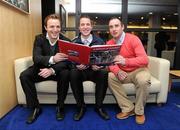 7 December 2010; Kerry football star Darran O'Sullivan, left, Cork football star Colm O'Neill, centre, and Tipperary hurling star Eoin Kelly at the book launch of A Season of Sundays 2010. In its fourteenth successive year Sportsfile photographers have captured another historic GAA year. Ulster Bank, George's Quay, Dublin. Picture credit: Brian Lawless / SPORTSFILE