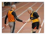 24 January 2010; Winner of the Men's 60m Over 75's, 77 year old Patrick Naughton, Nenagh Olympic A.C., left, congratulates Michael O'Beirne, Dundrum A.C., who finished 3rd in the Men's 60m Over 70's. Woodie’s DIY Masters Indoor Championships, Nenagh Indoor Arena, Nenagh, Co. Tipperary. Picture credit: Brian Lawless / SPORTSFILE