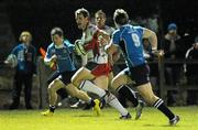 10 December 2010; Ruairi Cushion, Plymouth Albion, goes past Leinster defenders Paul O'Donohoe and Michael Keating, left, to score his side's first try. British & Irish Cup, Leinster v Plymouth Albion, Skerries RFC, Holmpatrick, Skerries, Co. Dublin. Picture credit: Matt Browne / SPORTSFILE