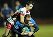10 December 2010; Stephen Keogh, Leinster, is tackled by Johnny Coleman, Plymouth Albion. British & Irish Cup, Leinster v Plymouth Albion, Skerries RFC, Holmpatrick, Skerries, Co. Dublin. Picture credit: Matt Browne / SPORTSFILE