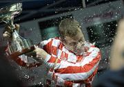10 December 2010; Jockey Pat Smullen who won the Champion Jockey celebrates as he is sprayed with champagne. Horse racing, Dundalk Racecourse, Dundalk, Co. Louth. Photo by Sportsfile