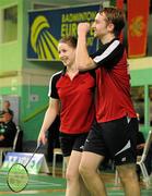 11 December 2010; Ireland's Chloe Magee, left, and Sam Magee celebrate their Quarter Final, Mixed Doubles, win against Robin Middleton and Heather Olver, England. Yonex Irish International Badminton Championship, Baldoyle Badminton Centre, Dublin. Picture credit: Matt Browne / SPORTSFILE
