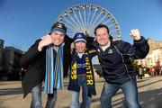 11 December 2010; Dublin Leinster supporters, from left, Paul Saunders, from Killiney, Enda Kelliher, from Rathfarnham, and David Dodd, from Blackrock, in Clermont town centre ahead of their side's Heineken Cup Pool 2 - Round 3 match against ASM Clermont Auvergne, tomorrow. Clermont, France. Picture credit: Stephen McCarthy / SPORTSFILE