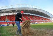 12 December 2010; Thomond Park groundsman Hugh Leonard clears hay from the pitch before the game. Heineken Cup Pool 3 - Round 3, Munster v Ospreys, Thomond Park, Limerick. Picture credit: Diarmuid Greene / SPORTSFILE