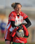 12 December 2010; Fiona McHale, Carnacon, Mayo, in action against Mairead Kennedy, Inch Rovers, Cork. Tesco All-Ireland Senior Ladies Football Club Championship Final, Carnacon, Mayo v Inch Rovers, Cork, Leahy Park, Cashel, Tipperary. Picture credit: David Maher / SPORTSFILE