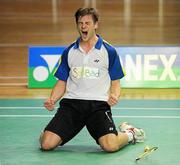 12 December 2010; Denmark's Hans-Kristian Vittinghus celebrates after winning his final against Spain's Pablo Abian. Vittinghus won the match 21-13, 14-21, 23-21. Yonex Irish International Badminton Championship Finals, Men's Single Final, Hans-Kristian Vittinghus v Pablo Abian, Baldoyle Badminton Centre, Dublin. Picture credit: Brian Lawless / SPORTSFILE