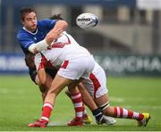 3 September 2016; Scott Penny of Leinster in action against Mark Thompson, left, and Jamie Macartney of Ulster during the U18 Schools Interprovincial Series Round 2 match between Leinster and Ulster at Donnybrook Stadium in Donnybrook, Dublin. Photo by Stephen McCarthy/Sportsfile