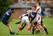 3 September 2016; Max Kearney of Leinster is tackled by Michael Lowry and Joe Dunleavy of Ulster during the U19 Interprovincial Series Round 1 match between Ulster and Leinster at RBAI in Belfast. Photo by Oliver McVeigh/Sportsfile