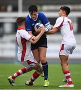 3 September 2016; Sam Dardis of Leinster is tackled by Max Baillie, left, and Oscar Yandall of Ulster during the U18 Schools Interprovincial Series Round 2 match between Leinster and Ulster at Donnybrook Stadium in Donnybrook, Dublin. Photo by Stephen McCarthy/Sportsfile