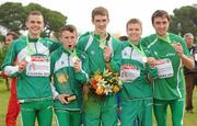 12 December 2010; The Ireland U23 men's team, from left, David McCarthy, Brendan O'Neill, Michael Mulhare, David Rooney and John Coghlan with their team gold medals. 17th SPAR European Cross Country Championships, Albufeira, Portugal. Picture credit: Brendan Moran / SPORTSFILE