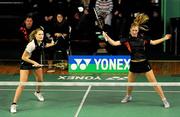 12 December 2010; Denmark's Maria Helsbol, right, and team-mate Anne Skelbaek in action during their final against England's Heather Olver and Mariana Agathangelou. Denmark won the match 12-21, 21-12, 21-15. Yonex Irish International Badminton Championship Finals, Women's Doubles Final, Denmark v England, Baldoyle Badminton Centre, Dublin. Picture credit: Brian Lawless / SPORTSFILE
