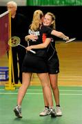 12 December 2010; Denmark's Maria Helsbol, left, and team-mate Anne Skelbaek celebrate after their final against England's Heather Olver and Mariana Agathangelou. Denmark won the match 12-21, 21-12, 21-15. Yonex Irish International Badminton Championship Finals, Women's Doubles Final, Denmark v England, Baldoyle Badminton Centre, Dublin. Picture credit: Brian Lawless / SPORTSFILE
