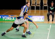 12 December 2010; England's Chris Adcock, bottom, and team-mate Andrew Ellis in action during their final against England's Anthony Clark and Chris Langridge. Ellis and Adcock won the final 21-13, 21-16. Yonex Irish International Badminton Championship Finals, Men's Doubles Final, Baldoyle Badminton Centre, Dublin. Picture credit: Brian Lawless / SPORTSFILE