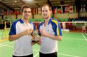 12 December 2010; England's Andrew Ellis, right, and team-mate Chris Adcock with the cup after their final against England's Anthony Clark and Chris Langridge. Ellis and Adcock won the final 21-13, 21-16. Yonex Irish International Badminton Championship Finals, Men's Doubles Final, Baldoyle Badminton Centre, Dublin. Picture credit: Brian Lawless / SPORTSFILE