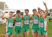 12 December 2010; The Ireland U23 men's team, from left, Brendan O'Neill, Ciaran O Lionaird, John Coghlan, Michael Mulhare and David Rooney celebrate after winning the team gold. Ciaran O Lionaird missed the presentation of medals as he was with medical personnel. 17th SPAR European Cross Country Championships, Albufeira, Portugal. Picture credit: Brendan Moran / SPORTSFILE