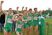 12 December 2010; The Ireland U23 men's team, from left, David McCarthy, Brendan O'Neill, David Rooney, Michael Mulhare and John Coghlan celebrate with team manager Ann Keenan Buckley after winning the team gold. Ciaran O Lionaird missed the presentation of medals as he was with medical personnel. 17th SPAR European Cross Country Championships, Albufeira, Portugal. Picture credit: Brendan Moran / SPORTSFILE
