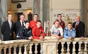 13 December 2010; At the launch of the Setanta Sports Cup for 2011 are, front row, from left to right, Jordan Forsyth, Lisburn Distillery, Peter Thompson, Linfield, Peter Cherrie, Dundalk and James O'Brien, St Patricks Athletic, and back row, from left to right, Packie Lynch, General manager Sligo Rovers, Michael O'Neill, Manager Shamrock Rovers, Michael Halliday, Crusaders, Chris Ramsey, Portadown, and Ronnie McFall, Manager Portadown FC. Belfast City Hall, Donegall Square, Belfast, Co. Antrim. Picture credit: Oliver McVeigh / SPORTSFILE