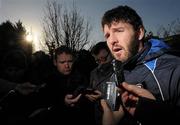14 December 2010; Leinster's Shane Horgan speaking to the media prior to squad training ahead of their Heineken Cup, Pool 2, Round 4, game against ASM Clermont Auvergne on Saturday. Leinster Rugby media briefing and squad training, Thornfields, UCD, Belfield, Dublin. Photo by Sportsfile