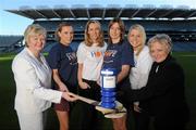 14 December 2010; Leading camogie stars and broadcasting personalities are uniting behind the efforts of an Irish charity, The Hope Foundation, to raise funds for the street and slum children of Calcutta. The partnership 'Camogie for Hope' will work to raise awareness of the work carried out by the charity and liaise on select fundraising initiatives including a charity 'All Stars' camogie match. Furthermore a fundraising run in Calcutta, the 'Kolkatta 10k' is taking place in the Indian city in March, with further information available on www.hopefoundation.ie . Pictured at the launch are, from left, Joan O'Flynn, President of the Camogie Association, Aislinn Connolly, Galway, Evanne Ni Chuillin, RTE, Elaine Alyward, Kilkenny, Jacqui Hurley, RTE, and Maureen Forrest, CEO of The Hope Foundation. Camogie Association & The Hope Foundation Photocall, Croke Park, Dublin. Picture credit: Brian Lawless / SPORTSFILE