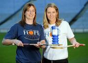 14 December 2010; Leading camogie stars and broadcasting personalities are uniting behind the efforts of an Irish charity, The Hope Foundation, to raise funds for the street and slum children of Calcutta. The partnership 'Camogie for Hope' will work to raise awareness of the work carried out by the charity and liaise on select fundraising initiatives including a charity 'All Stars' camogie match. Furthermore a fundraising run in Calcutta, the 'Kolkatta 10k' is taking place in the Indian city in March, with further information available on www.hopefoundation.ie . Pictured at the launch are Kilkenny camogie star Elaine Alyward, Kilkenny, left, and Evanne Ni Chuillin, RTE. Camogie Association & The Hope Foundation Photocall, Croke Park, Dublin. Picture credit: Brian Lawless / SPORTSFILE
